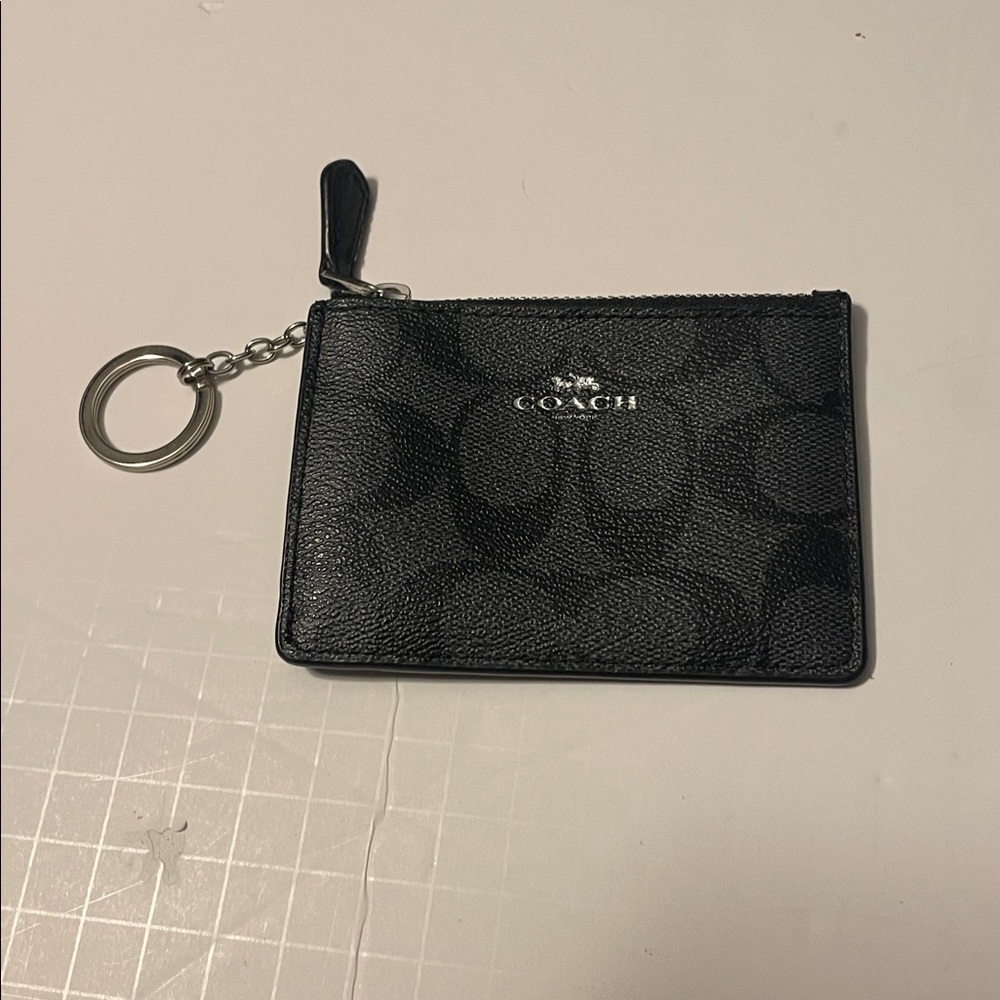 Coach Black Signature Small Zip Card Case Keychain